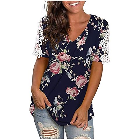 Gerichy V Neck T Shirts Women, Shirts for Women Summer Tops and Blouses Long Sleeve Women's Loose Top Basic T-Shirt Casual Short Sleeve Tunic Tops Blouse Shirt Navy Cover
