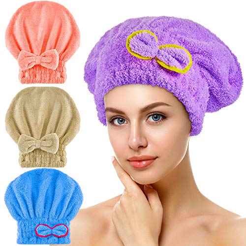 SATINIOR 4 Pieces Microfiber Hair Drying Caps Towels Bow-Knot Shower Cap Soft Turban Hair Wrap Bath Cap for Women