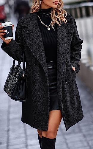 Angashion Women Long Sherpa Coat - Fuzzy Faux Fur Trench Jackets Winter Fleece Button Cardigan with Pockets2