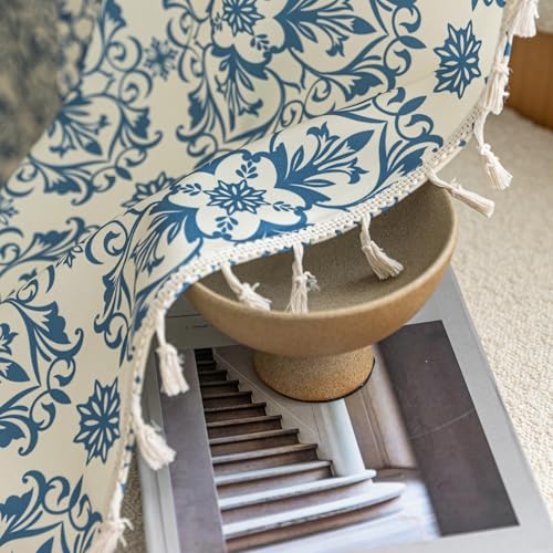 Image of Blue Floral Curtains 63 Inches Long, Boho Farmhouse Light Filtering Rod Pocket Drapes with Tassel Trim for Bedroom Living Room, 2 Panels