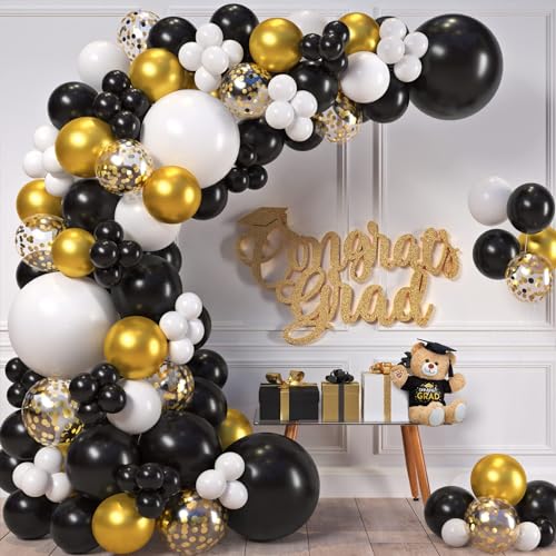 Image of CANREVEL 50pcs 12 Inches Black Gold Confetti Balloons Kit, Metallic Gold and Black White Party Balloons with Ribbons for Birthday, Baby Shower, Graduation, New Year Decorations