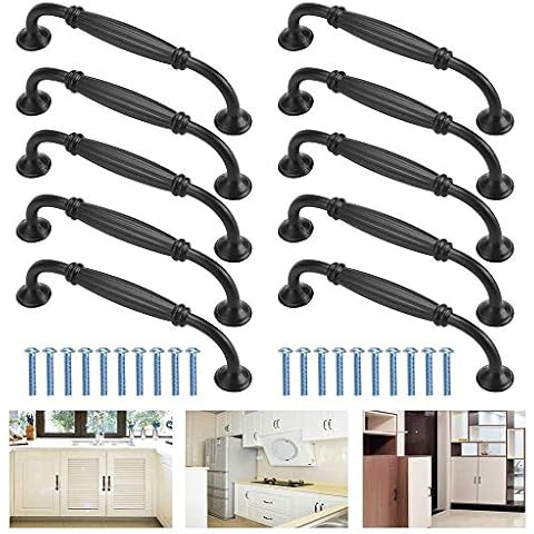 EMAGEREN 10 Stück Schwarz Schrank Türgriff Aluminiumlegierung Möbel Griffen Schrankgriffe Küchengriffe Landhausstil Kleiderschrank Knöpfe Schubladengriffe mit Schrauben (Lochabstand 128 mm) Cover
