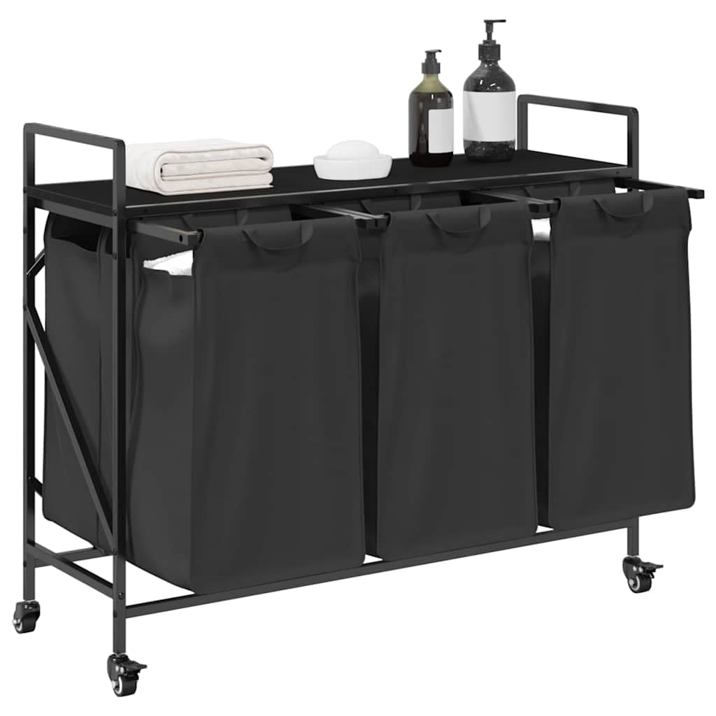 Wäschekorb 3 Fächer mit Rädern, ausziehbare Wäschesäcke aus 100 Prozent Polyester, Stahlrahmen und Holzwerkstoff, 99 x 33 x 82 cm, für Waschküche und Schlafzimmer