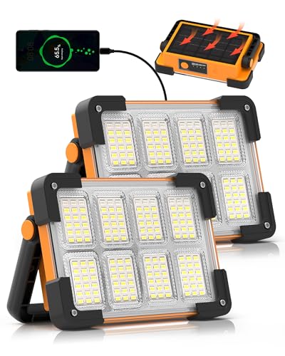 Image of 2 Pack Solar Rechargeable Work Light, 144 LED Led Work Light | Portable Flood Light with Stand, IP66 Waterproof Outdoor Working Light with 4 Modes for Emergency Mechanic Camping Repair