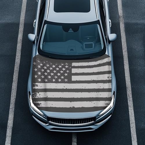 Image of 59x39 Inch Gray American Flag Car Hood Cover Protector Waterproof Car Hood Wrap Blankets Patriotism Auto Flag Universal Automotive Exterior Accessories for Summer