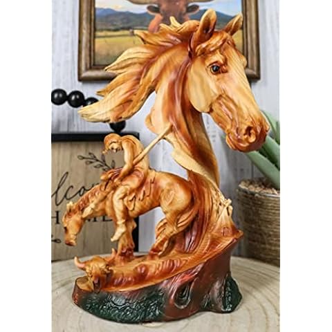 Ebros Gift Rustic Western Faithful Steed Black Beauty End of The Trail Figurine 9" Tall Horse Bust with Native Indian Warrior Resin Decor in Faux Wood Carving Finish Sculpture Cover