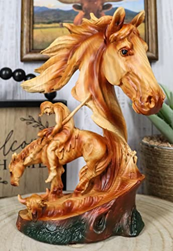 Ebros Gift Rustic Western Faithful Steed Black Beauty End Of The Trail Figurine 9" Tall Horse Bust With Native Indian Warrior Resin Decor In Faux Wood Carving Finish Sculpture #TOP30