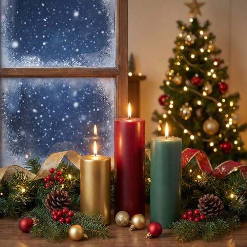 Image of Conelist 3 Pack Christmas Pillar Candles Set Red Green and Gold 3 Sizes | Unscented Dripless Christmas Candles, 4in 5in 6in Smokeless Holiday Candles for Gift Dinner Centerpieces Party Decoration