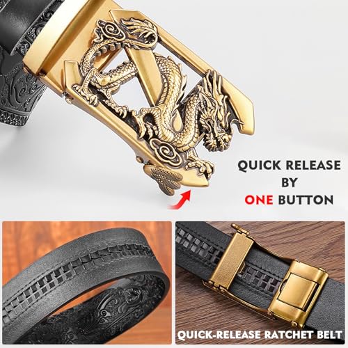 Luxury Men's Belts Engraved Vintage Dragon Head Automatic Buckle Alloy, Leather Men Waist Strap, Slide Easier Adjustable Belt, Cut To Fit, Men Dress Casual Ratchet Belt4