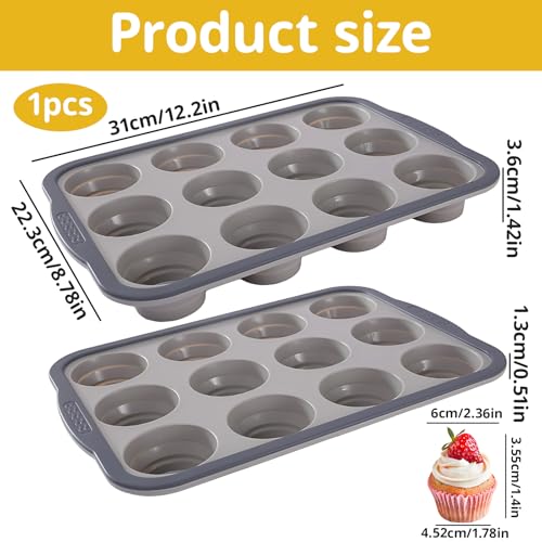 Gubilacrum Silicone Muffin Trays with Metal Frame, 12 Cup Regular Size Silicone Cupcake Tray, Non Stick Baking Mold Tin, Foldable Reusable Baking Utensils for Muffins Cupcakes 31x22.3x3.6cm (Grey) - Image 2