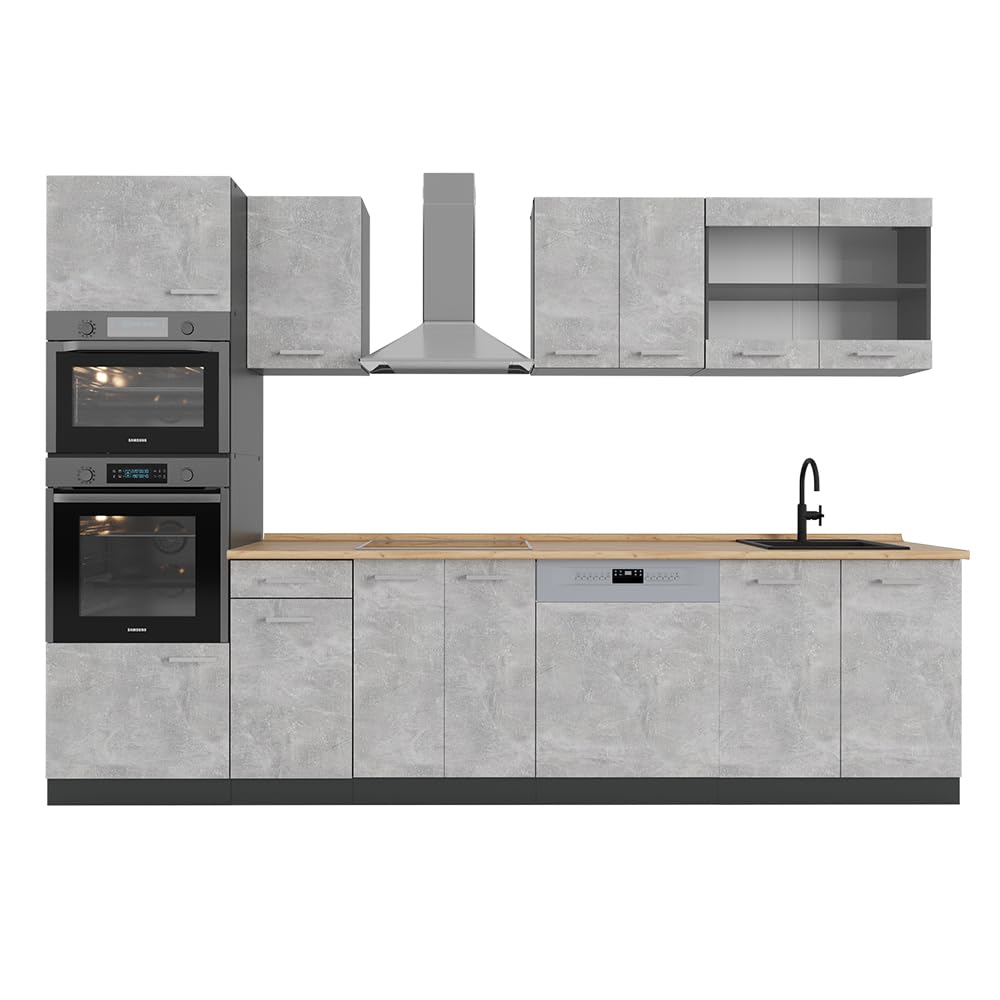 Vicco Küchenzeile R-Line, Beton/Anthrazit – 300 cm Küchenblock, ohne Arbeitsplatte