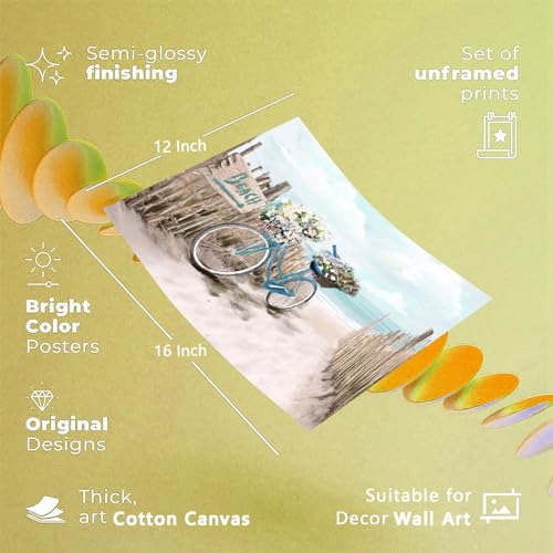 YNHQNGO Beach Canvas Wall Art for Bathroom Ocean Pictures Seaside Bicycle Canvas Print Seascape Painting Framed Teal Aqua Blue Calming Shoreside Artwork for Modern Coastal Themed Lake Home Bedroom - Image 2