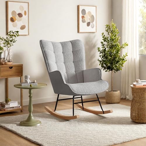 FEEOHOME - Silla mecedora, silla de lactancia para dormitorio y salón (terciopelo Teddy gris claro)