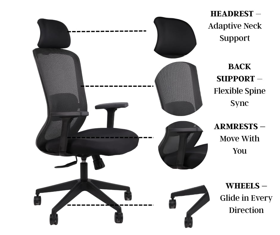 Image of Hawk Ergonomic High-Back Mesh Office Chair | Adjustable Height | Revolving / Study / Work from Home Chair (WFH) /Computer / Desk Chair | Back Lumbar Support | Ergonomic Chair | Tilting | Arm Support