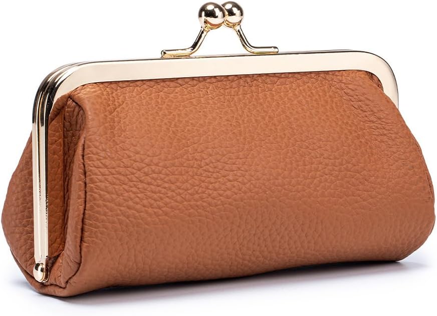 Small Makeup Bag For Purse, Genuine Leather Lipstick Case With Mirorr - Kiss Lock Cosmetic Bag Portable Mini Makeup Pouch for Women, Small Travel Makeup Organizer (Black)