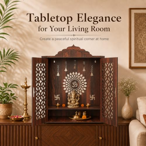 Image of The Castle Decor Wooden Mandir for Home, Premium MDF Home Temple with Double Doors for Pooja Room, Wall Hanging & Tabletop Temple, Matte Finish, 16.5 x 24.5 x 10.5 Inch (Design 6)