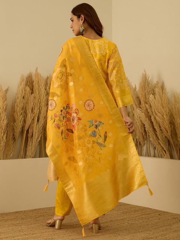 Image of VredeVogel Women's Embroidered Chanderi Silk Jacquard Straight Kurta Pant Set with Dupatta | Perfect for Festive & Casual Ethnic Wear Kurta Set