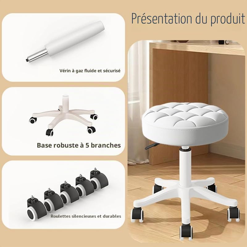 Tabouret Rond à Roulettes en Cuir Synthétique - Tabouret Pivotant Hauteur Réglable pour Table à Dessin, Spa, Salon
