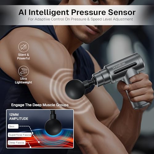 Image of HOMEBASIC Muscle Mate Gun Massager For Full Body Pain Relief|4 Massage Heads,6 Speeds|3600mAh USB-C Rechargeable Battery| Handheld Deep Tissue Massager for Neck Shoulders Back Feet| For Unisex (GREY)