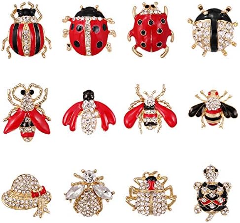 WeimanWeimanJewelry Lot 12pcs Enamel Crystal Rhinestone Animal Honeybee Beetle Turtle Insect Brooch Pin Set for Women DIY Decoration