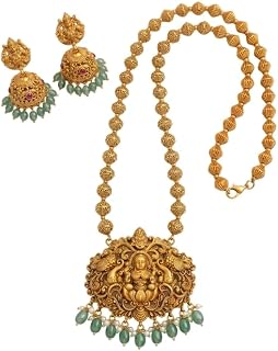 SKANDHAVI Gold Plated Big Lakshmi Pendant Necklace Set with Green Beads and Jhumka Earrings for Women | South Indian Tradi... Price In India