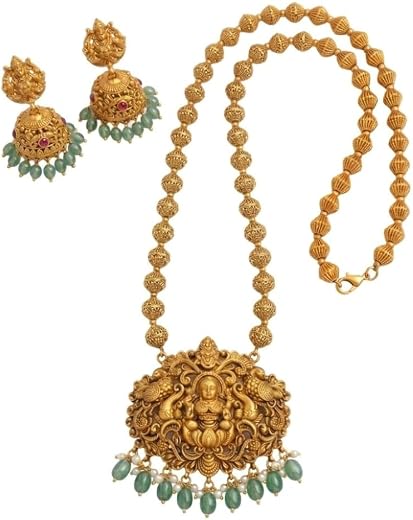 SKANDHAVI Gold Plated Big Lakshmi Pendant Necklace Set with Green Beads and Jhumka Earrings for Women | South Indian Tradi...