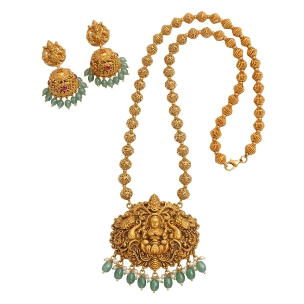 SKANDHAVI Gold Plated Big Lakshmi Pendant Necklace Set with Green Beads and Jhumka Earrings for Women | South Indian Tradi... - Review, Price and Buying Guide