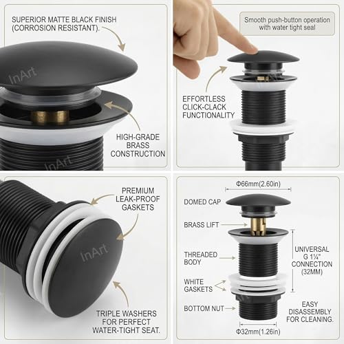 Image of InArt Black Finish Pop-up Brass Basin Drainer /Waste Coupling for Bathroom Wash Basin /Vessel Sink - 5 Inch Full Threaded, 32 MM Flush Valve Faucet, Easy Install Black Matt