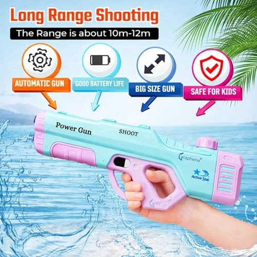 Image of GRAPHENE Electric Holi Pichkari Water Gun with 2 Rechargeable Battery High-Pressure Rapid Fire Water Blaster 30 Feet Long Range Holi Swimming Pool Parties Beach Kids Boys Girls Adults (Blue &Pink)