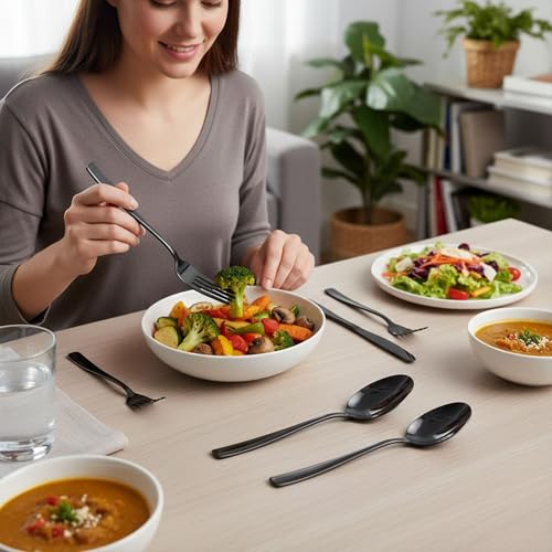 Image of 25 Pcs Black Cutlery Set for Dining Table the Perfect Mirror Polish Hevy Duty Tableware Including Dinner Spoon, Dinner Fork, Dinner Knife, Dessert Spoon & Dessert Fork