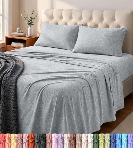 Utopia Bedding King Sheet Set - Jersey Knit Sheets 4 Piece – Cotton – Soft T-Shirt Stretchy Sheets (King, Heather Light Grey)
