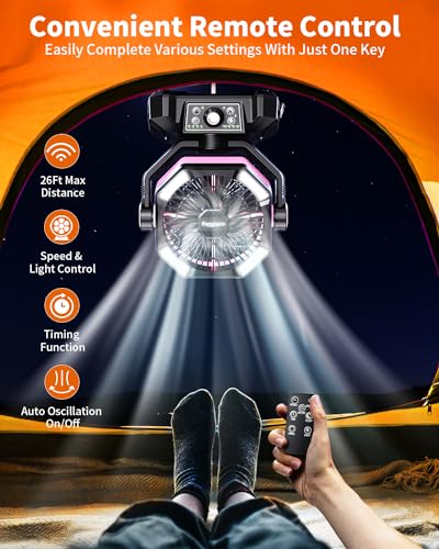Image of coldSky 𝟮𝟬𝟬𝟬𝟬𝗺𝗔𝗵 Camping Fan with Dual Motor, Battery Operated Fan with 4 LED Lantern, 8 Speeds Desk Fan with Remote, Portable Outdoor Fan with Hook for Tent, Power Outages, Jobsite (Pink)