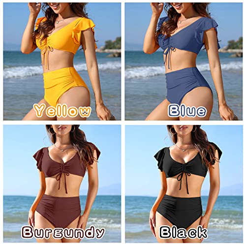 Henniu Maiô feminino duas peças com babados e cordão conjunto de biquíni cintura alta maiôs roupas d