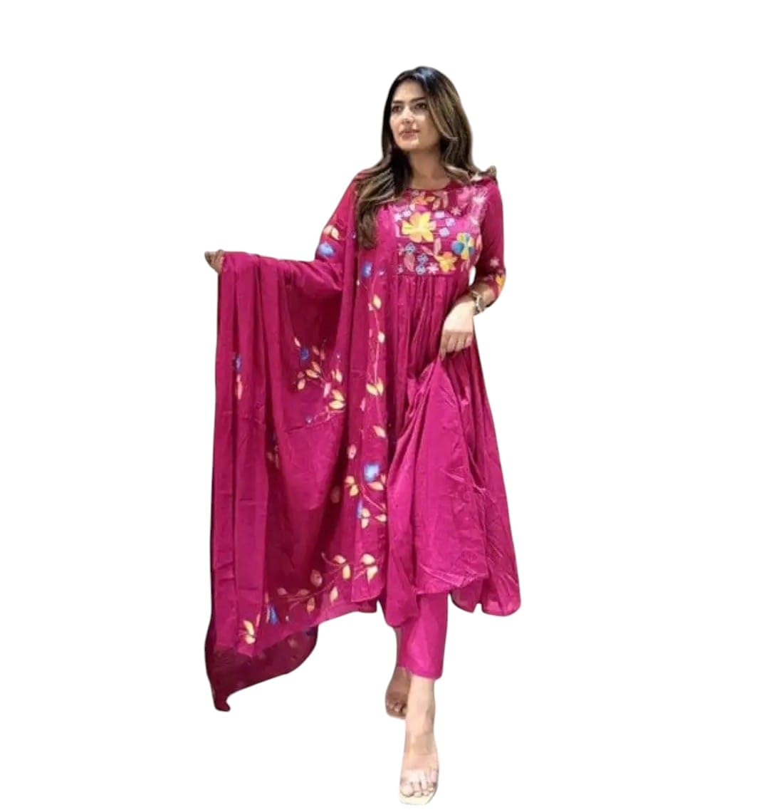 Pink flower embroidery kurta set with matching dupatta