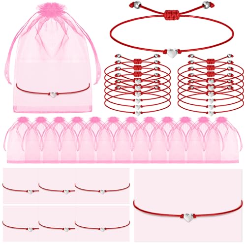 Tondiamo 12 Set Happy Galentines Day Bracelets Gift Bulk for Women Valentines Party Favors BFF Bracelets Galentines Card with Bags Valentines Supplies for Sister Friend Bestie(Red and Silver Heart)