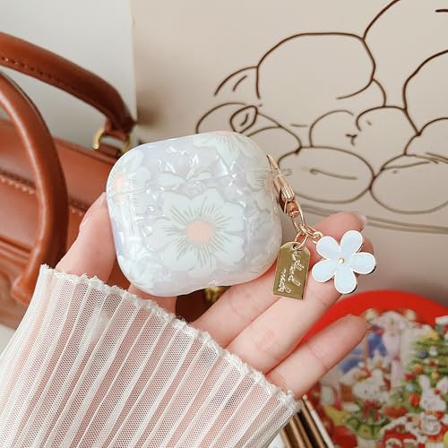 Image of MINSCOSE for Glitter AirPods 4 Clear Case,Cute Cartoon Shell Pattern Aesthetics Design with Girly Floral Keychain,Soft TPU Protective Cover with Cleaner Kit for Girls Women for AirPods 4-White