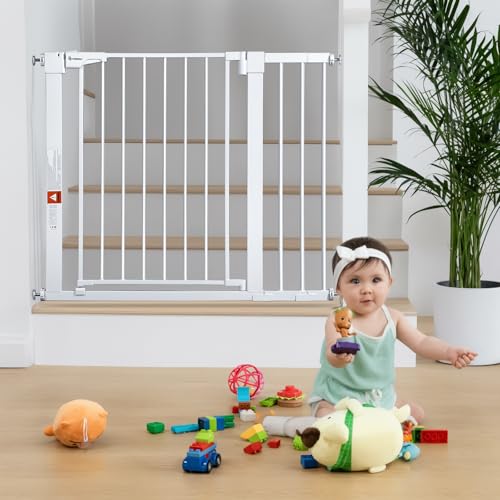Image of COMOMY 30" Tall Baby Gate for Stairs Doorways, Fits Openings 29.5" to 40.5" Wide, Auto Close Extra Wide Dog Gate for House, Pressure Mounted Easy Walk Through Pet Gate with Door, White