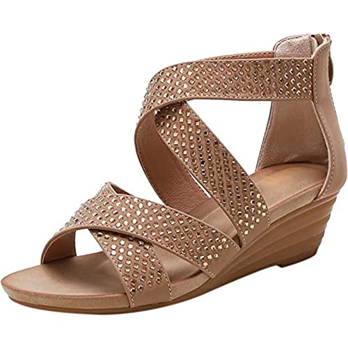 PROPFE Mujer Sandalias De Cuña Verano Moda Pedrería Brillante Zapatos Vestir De Fiesta Cremallera Punta Abierta Correa De Tobillo Sólido Cómodo Boca De Pescado Sandalias De Playa,Beige,38EU