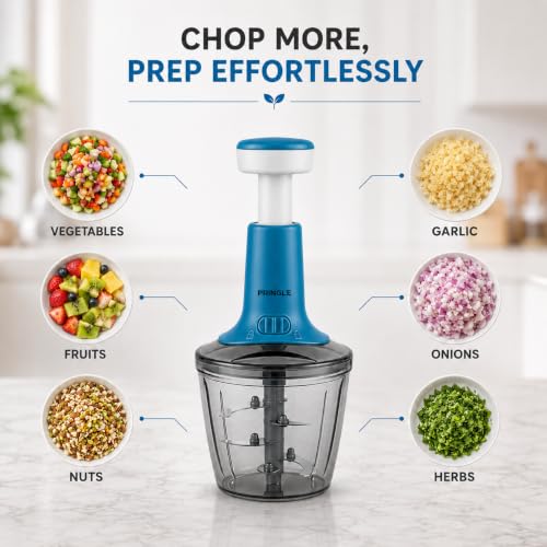 Image of PRINGLE 1000ml Manual Push Chopper for Vegetables & Fruits | 6 Sharp Stainless Steel Blades | Hand Press Onion Cutter with Twist Lock | Egg Beater Whisk Included | Multipurpose Food Chopper | Blue