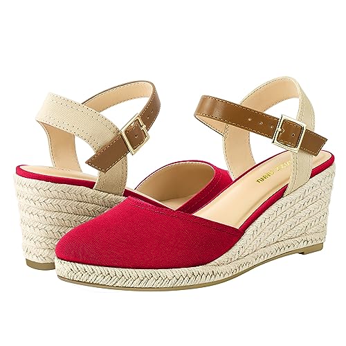 Image of PIZZ ANNU Women's Espadrille Low Wedge Heel Sandals with Buckle Ankle Strap Close Toe Casual Dressy Summer Platform Shoes
