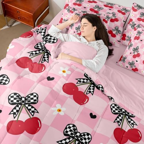 Image of 7 Pcs Bow Cherry Queen Bedding Sets Pink Plaid Cartoon Daisy Hearts Comforter Set Red Cherry Fruit Girly Dreamy All Season Comforter Flat Sheet Fitted Sheet 2 Pillowcases 2 Throw Pillow Covers
