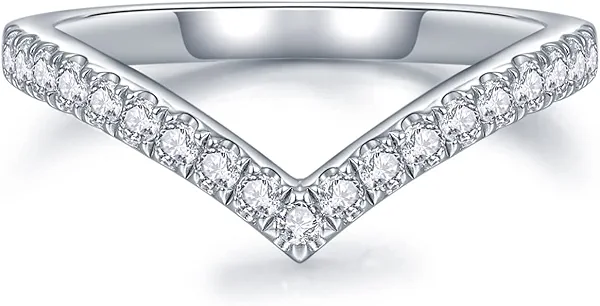 IMOLOVE Moissanite Wedding Band Wedding Rings for Women V-Shaped 925 Sterling Silver Rings with 18K White Gold Plated Eternity Stackable Engagement Ring Anniversary Band Size 5.5