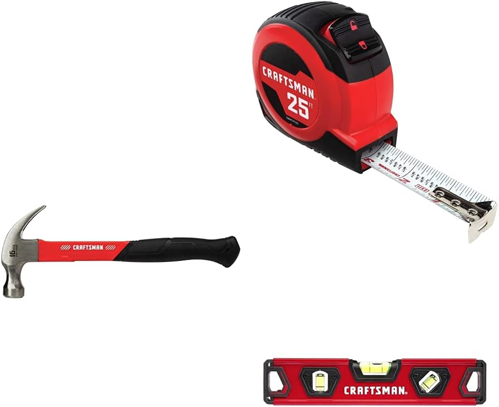CRAFTSMAN Hammer, Fiberglass, 16 oz. with Tape Measure, Self-Lock, 25-Foot and Torpedo Level, 9-Inch (CMHT51398, CMHT37225S & CMHT82390)