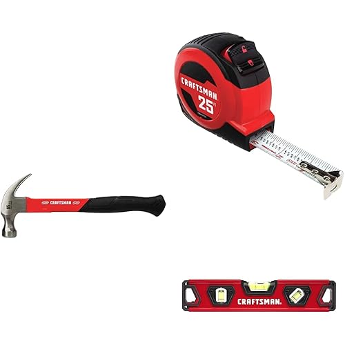 CRAFTSMAN Hammer, Fiberglass, 16 oz. with Tape Measure, Self-Lock, 25-Foot and Torpedo Level, 9-Inch (CMHT51398, CMHT37225S & CMHT82390)