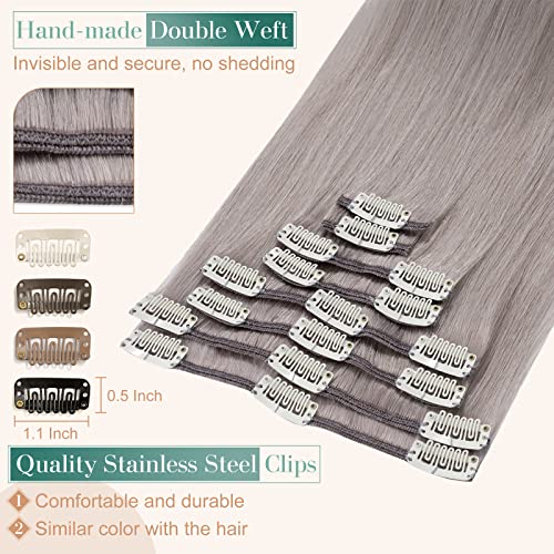 Image of Clip in Remy Hair Extensions Human Hair Grey for Women 20 inch 70g Light Long Seamless Clip on Real Hair Skin Weft Rooted Clips Hairpiece 8pcs Weft Long Straight Full Head
