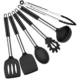Herogo Silikon Küchenhelfer Set, 6 Stück Kochutensilien Kochbesteck Set mit Edelstahlgriff, Hitzebeständiger & Antihaft, Silikon Küchenutensilien Wender Zange Pfannenwender Set – Schwarz