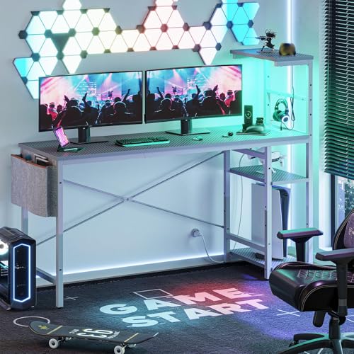 Image of Bestier Gaming Desk with Power Outlets, 61 Inch Large Led Gamer Desk with 4 Tiers Reversible Shelves, PC Gaming Table with Headset Hook & Side Storage Bag for Bedroom (Grey 3D Carbon Fiber)