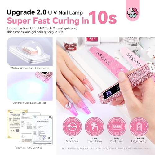 Image of SAVILAND Mini Handheld U V Light for Gel Nails, Glitter Pink, 12W | 10s Flash Cure Lamp, 400mAh USB Rechargeable Battery, 2-Timer Setting, LED Display, Cordless, Portable, Home and Travel Use