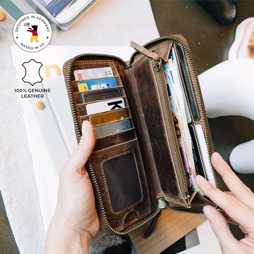 Image of BERLINER BAGS Genuine Leather Zip Wallet Women Margo, Gift Box - Brown | Soft Leather Zip Around Wallet, Fit up to Phone 6.9 inch, 12 Card Slots, 1 ID Window, 1 Coin Pocket, RFID Blocking
