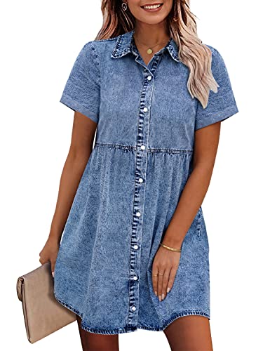 Photo 1 of GRAPENT Denim Dress for Women Babydoll Tiered Short Sleeve Button Down Jean Shirt Dresses SIZE- SMALL